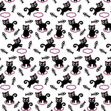Pattern with black cats on a pink cloud with fish skeleton Stock Illustration