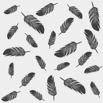Pattern with black feathers on white background. Illustrazione stock