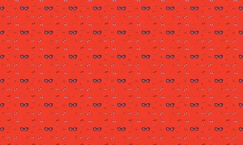 Pattern of black glasses and white mustaches on red background Stock Illustration