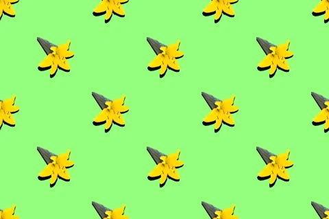 Pattern black ice cream cone with yellow lily flower on green neon background Stock Photos