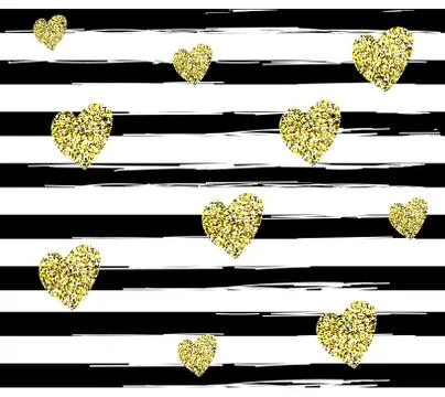 Pattern with black lines and glitter golden hearts on white background. Stock Illustration