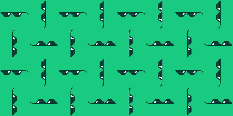 Pattern black Pixel Glasses on Green background. Seamless retro Meme print. Sun Stock Illustration