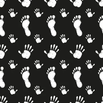 Pattern black prints of palms and feet on a black background. Stock Illustration