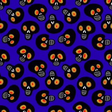 Pattern with black skulls on a blue background Stock Illustration