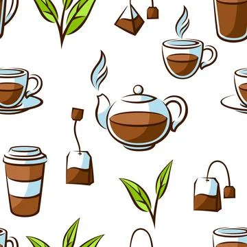 Pattern with black tea items. Background with tea and accessories, packs and Stock Illustration