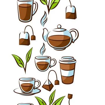 Pattern with black tea items. Background with tea and accessories, packs and Stock Illustration