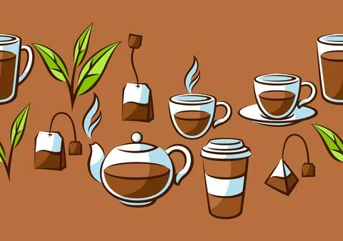 Pattern with black tea items. Background with tea and accessories, packs and Stock Illustration