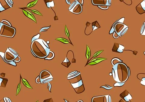 Pattern with black tea items. Background with tea and accessories, packs and Stock Illustration