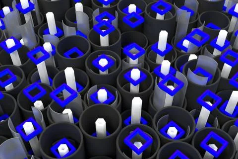 Pattern of black tubes, hexagons, square elements and glass surfaces Stock Illustration