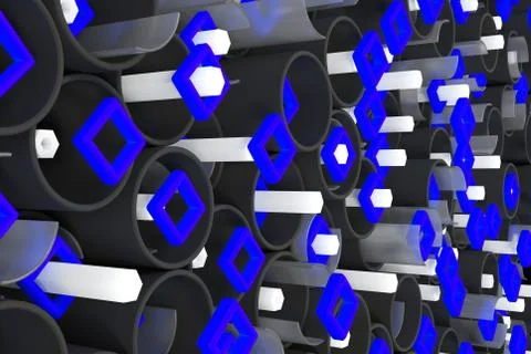 Pattern of black tubes, hexagons, square elements and glass surfaces Stock Illustration