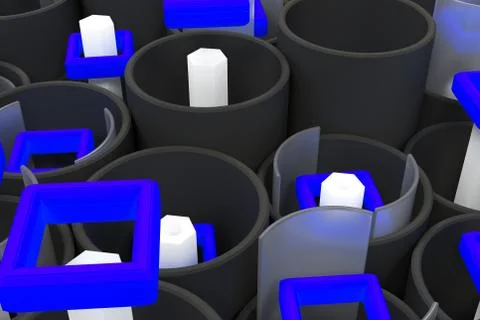 Pattern of black tubes, hexagons, square elements and glass surfaces Stock Illustration