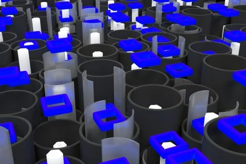 Pattern of black tubes, hexagons, square elements and glass surfaces Stock Illustration