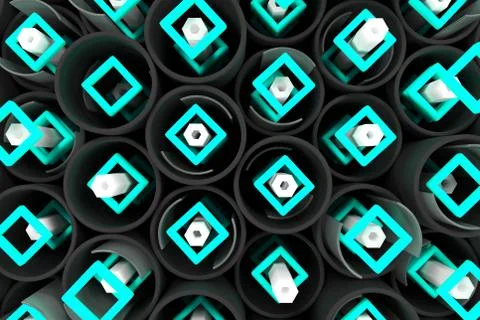 Pattern of black tubes, hexagons, square elements and glass surfaces Stock Illustration