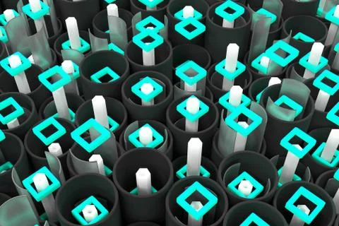 Pattern of black tubes, hexagons, square elements and glass surfaces 스톡 일러스트