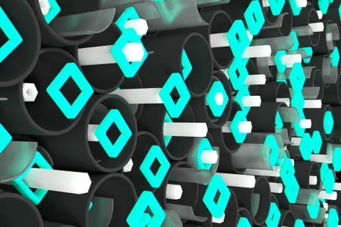Pattern of black tubes, hexagons, square elements and glass surfaces Stock Illustration