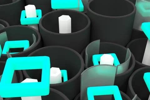 Pattern of black tubes, hexagons, square elements and glass surfaces Stockillustratie
