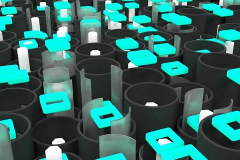 Pattern of black tubes, hexagons, square elements and glass surfaces Stock Illustration