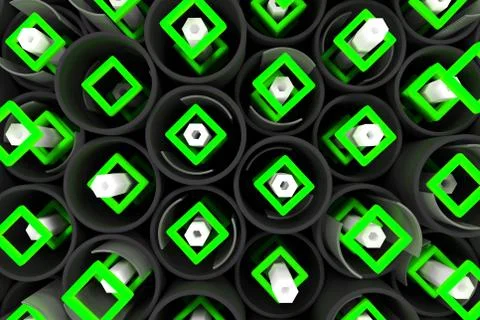 Pattern of black tubes, hexagons, square elements and glass surfaces Stock Illustration