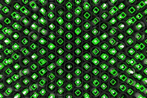 Pattern of black tubes, hexagons, square elements and glass surfaces Stock Illustration