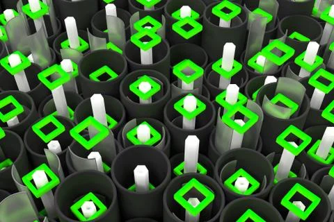 Pattern of black tubes, hexagons, square elements and glass surfaces Stock Illustration