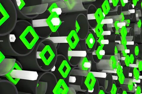 Pattern of black tubes, hexagons, square elements and glass surfaces Stock Illustration