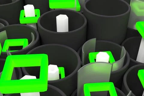 Pattern of black tubes, hexagons, square elements and glass surfaces Stock Illustration