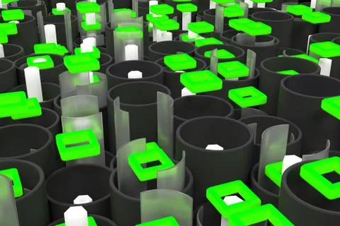 Pattern of black tubes, hexagons, square elements and glass surfaces Stockillustratie