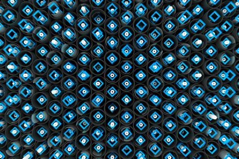Pattern of black tubes, hexagons, square elements and glass surfaces Stock Illustration