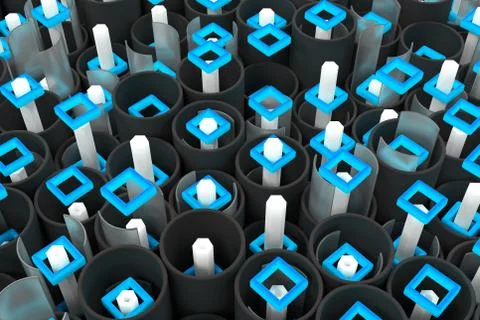 Pattern of black tubes, hexagons, square elements and glass surfaces Stock Illustration