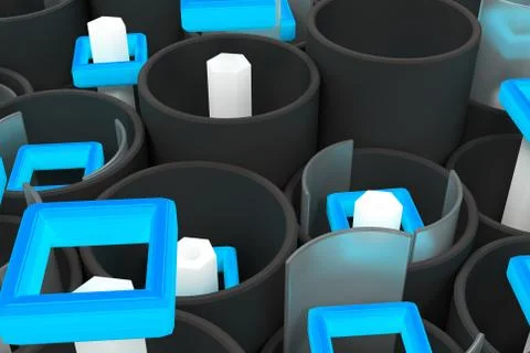 Pattern of black tubes, hexagons, square elements and glass surfaces Stock Illustration