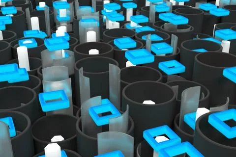Pattern of black tubes, hexagons, square elements and glass surfaces 库存插图