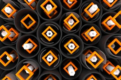 Pattern of black tubes, hexagons, square elements and glass surfaces 스톡 일러스트