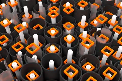 Pattern of black tubes, hexagons, square elements and glass surfaces Stockillustratie