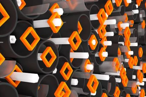 Pattern of black tubes, hexagons, square elements and glass surfaces Stock Illustration