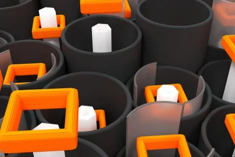 Pattern of black tubes, hexagons, square elements and glass surfaces Stock Illustration