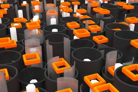 Pattern of black tubes, hexagons, square elements and glass surfaces Stockillustratie