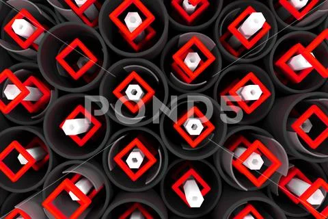 Pattern of black tubes, hexagons, square elements and glass surfaces Stock-Illustration
