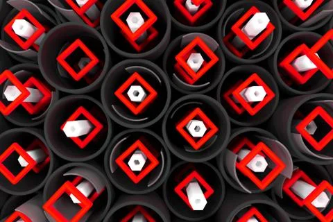 Pattern of black tubes, hexagons, square elements and glass surfaces Stock Illustration