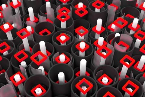 Pattern of black tubes, hexagons, square elements and glass surfaces Stock Illustration