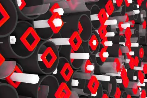 Pattern of black tubes, hexagons, square elements and glass surfaces Stock Illustration