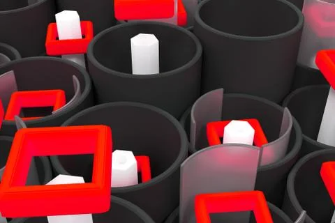 Pattern of black tubes, hexagons, square elements and glass surfaces Stock Illustration