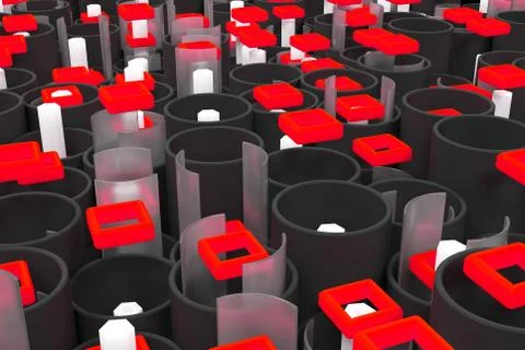 Pattern of black tubes, hexagons, square elements and glass surfaces Stock Illustration