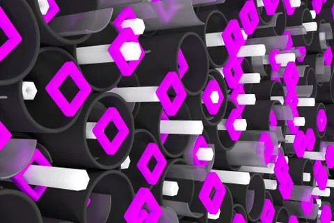 Pattern of black tubes, hexagons, square elements and glass surfaces Stock Illustration