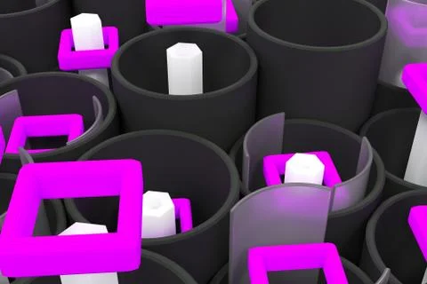 Pattern of black tubes, hexagons, square elements and glass surfaces Stock Illustration