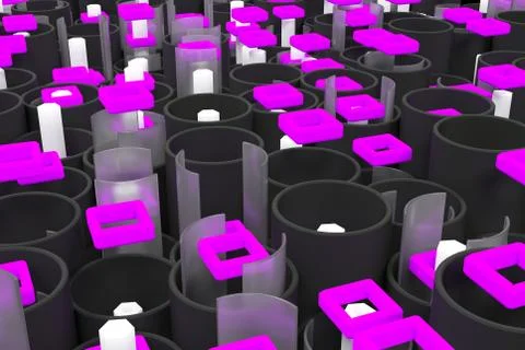 Pattern of black tubes, hexagons, square elements and glass surfaces Stock Illustration