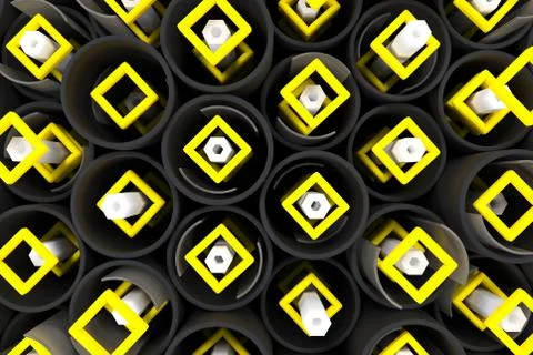 Pattern of black tubes, hexagons, square elements and glass surfaces 库存插图