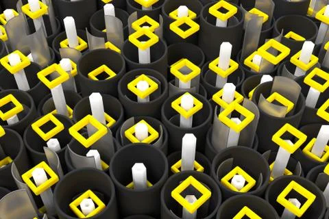 Pattern of black tubes, hexagons, square elements and glass surfaces Stockillustratie