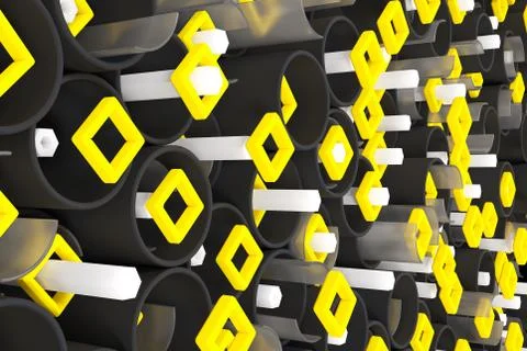 Pattern of black tubes, hexagons, square elements and glass surfaces Stock Illustration