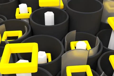 Pattern of black tubes, hexagons, square elements and glass surfaces Stock Illustration