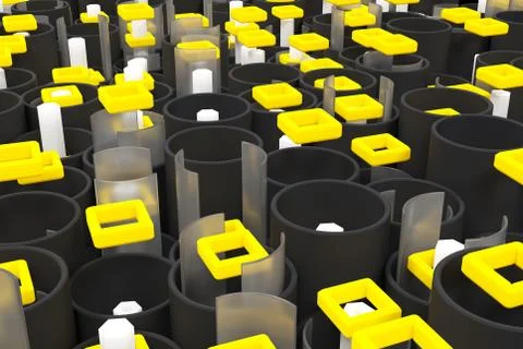 Pattern of black tubes, hexagons, square elements and glass surfaces Stock Illustration